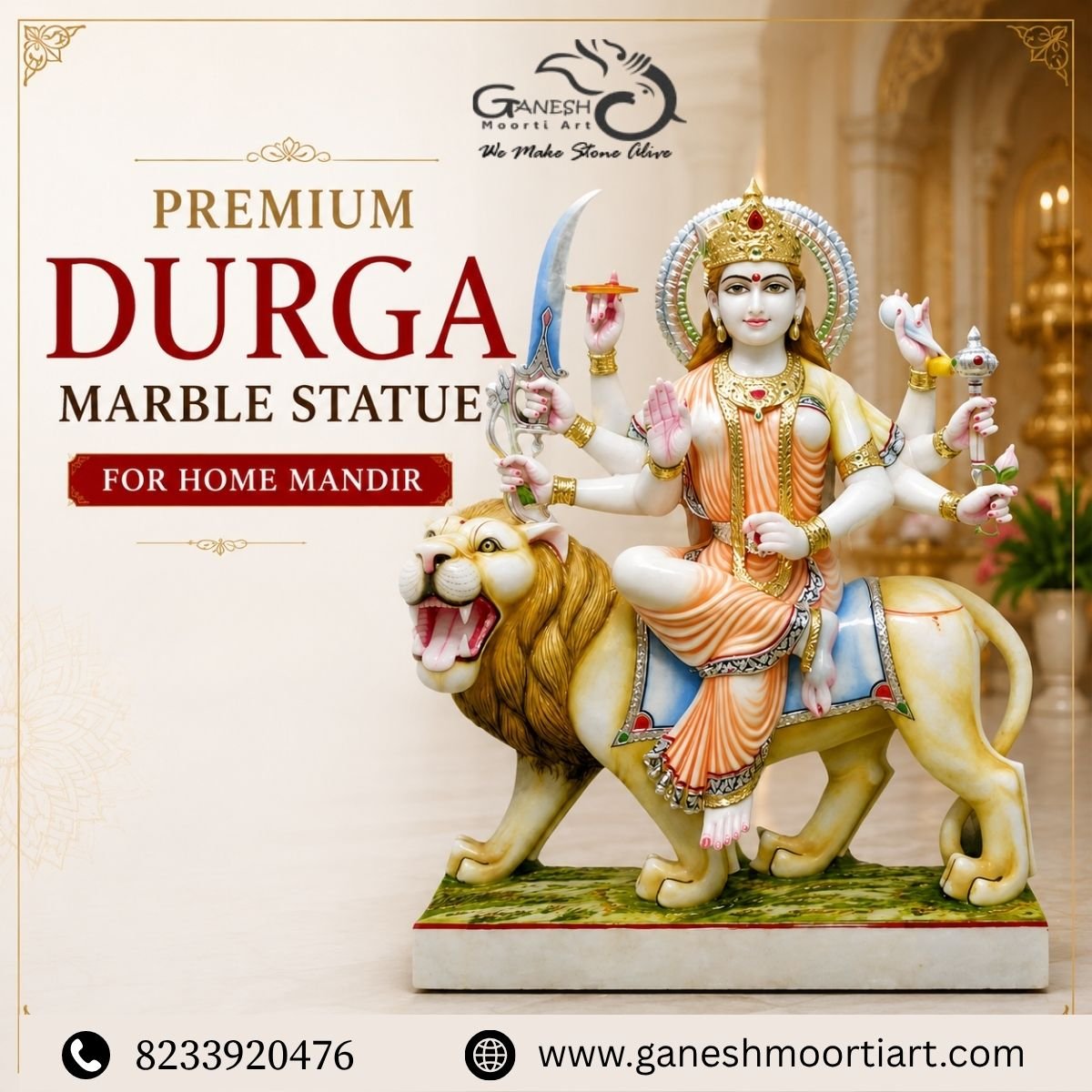 Premium Durga Marble Statue for Home Mandir