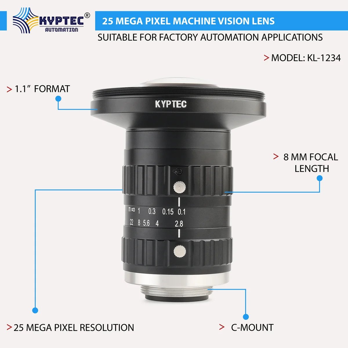 8 MM 25 MP High-Resolution Machine Vision Lens for Large-Format C-Mount Cameras